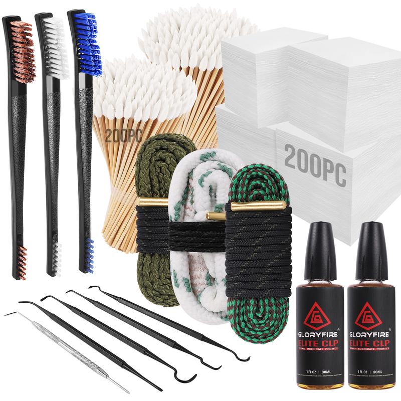 GLORYFIRE Universal Cleaning Kit, 12Ga, 5.56, 9mm Cleaning Snake, Cleaning Brushes, Cleaning Picks, Patches, Cotton Swabs, 2 Bottles Oil, Supplies for Most Calibre Camera Smartphone