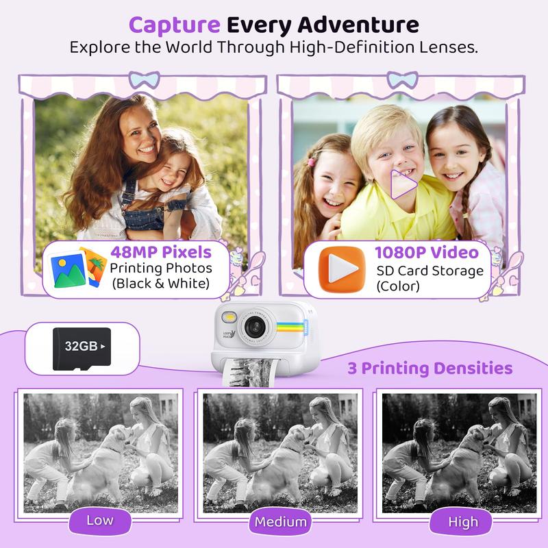 Kids Instant Print Camera, Birthday Gift for Boys and Girls Ages 3-12 - Kids 1080P Video Camera, Gift for Boys Ages 3 4 5 6 7 8 9 10 11 12 - Christmas Holiday Gift for Girls - White