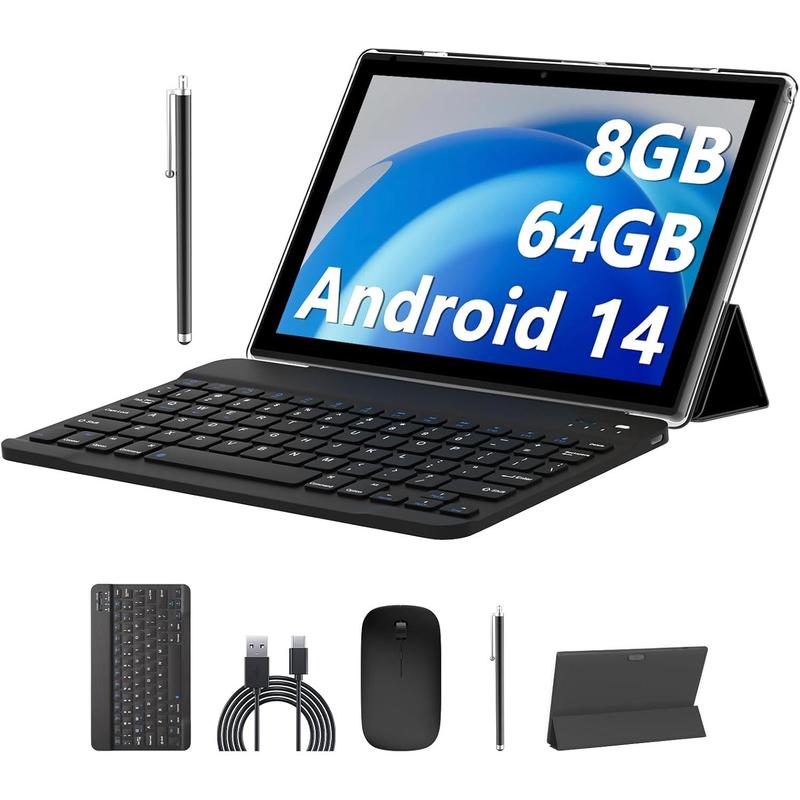 2024 Newest Android 14 Tablets 10 Inch, 2 in 1 Tablet, Tablet with Keyboard Case, 8GB+64GB ROM 512GB Computer Tablets, Quad Core, HD Touch Screen, Dual Carema, , , BT,  GMS Black