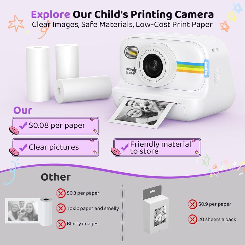 Kids Instant Print Camera, Birthday Gift for Boys and Girls Ages 3-12 - Kids 1080P Video Camera, Gift for Boys Ages 3 4 5 6 7 8 9 10 11 12 - Christmas Holiday Gift for Girls - White