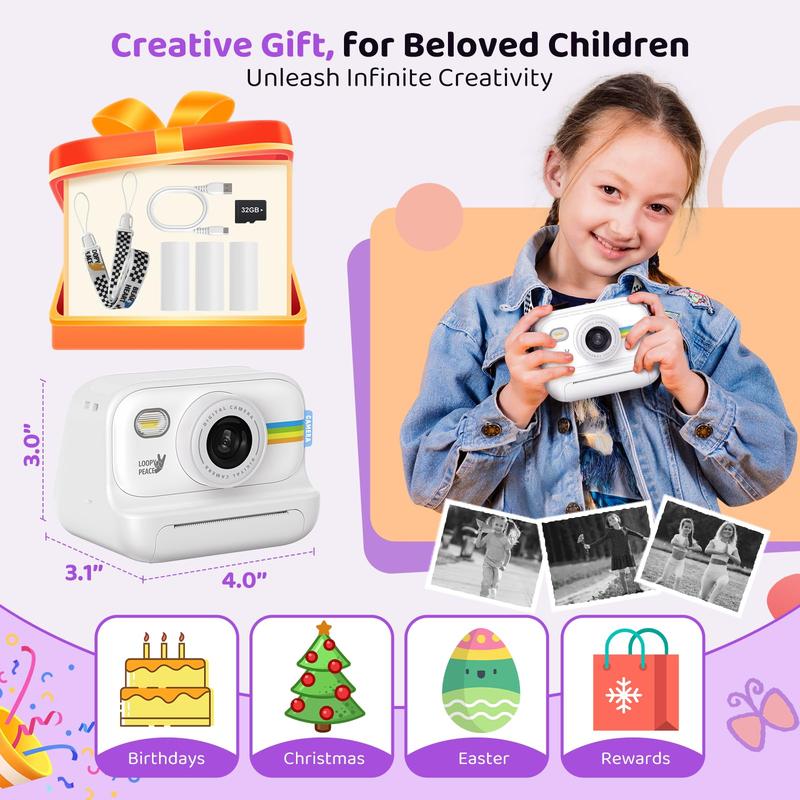 Kids Instant Print Camera, Birthday Gift for Boys and Girls Ages 3-12 - Kids 1080P Video Camera, Gift for Boys Ages 3 4 5 6 7 8 9 10 11 12 - Christmas Holiday Gift for Girls - White