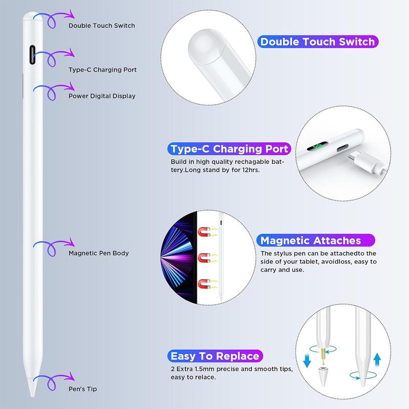 Stylus Pen for iPad Fast Charge with Palm Rejection Tilt Sensitivity Active Touch Screen Pencil Compatible with iPad 6 7 8 9 10th Generation,iPad Pro 12.9