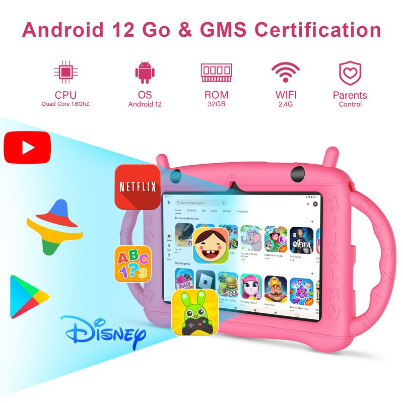 7-inch Kids Tablet with Bluetooth, WiFi, GMS, Parental Controls, Dual Cameras, Shockproof Case, Education, Games Cellphone Smartphone