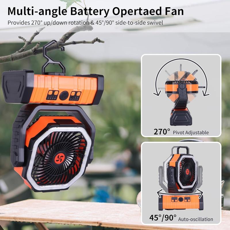 JOYYE Portable Fan, Portable Camping Fan, Auto-Oscillating Desk Fan with Remote & Hook with Timer, LED Lights, Summer Travel Camping Essentials