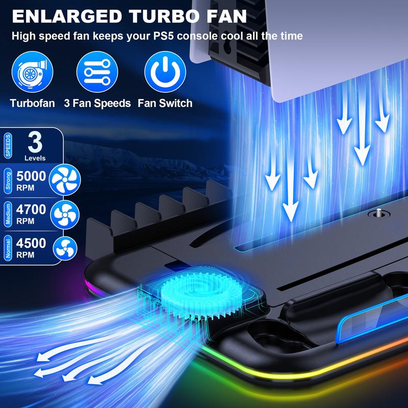 RGB PS5 Cooling Station with Controller Charging Station for Playstation 5 Slim Disc Digital Editions, Cooling Stand for PS5 Accessories with Controller Charger, Headset Holder, 15 Game Slot