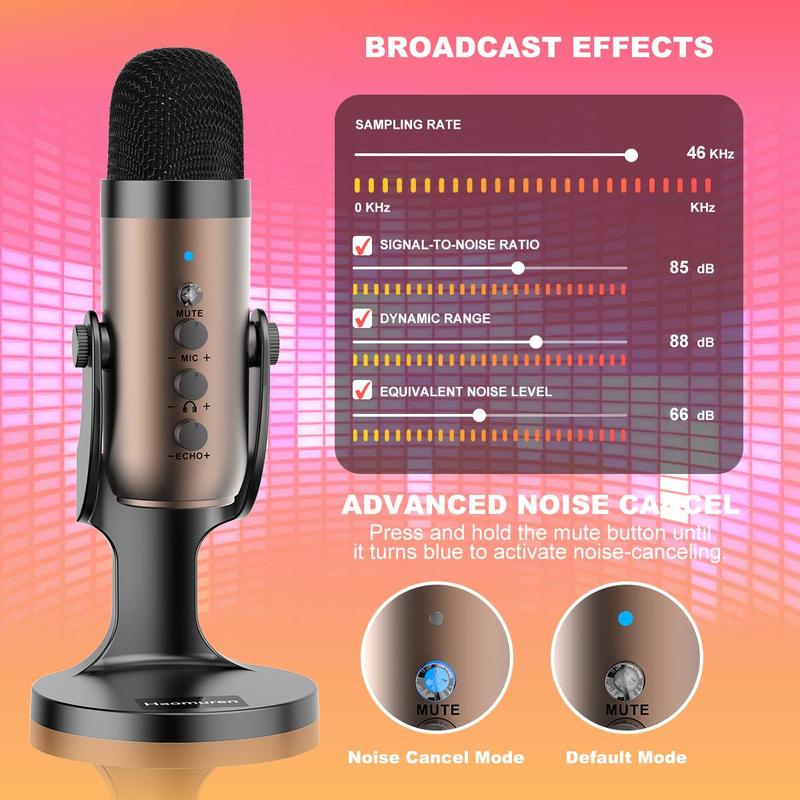 Haomuren USB Powered Gaming Microphone with Type-C Adapter, USB Condenser Microphone with Gain Control, Echo Monitor Volume Adjustable Mic for Live Streaming Vocal Recording Podcast Video