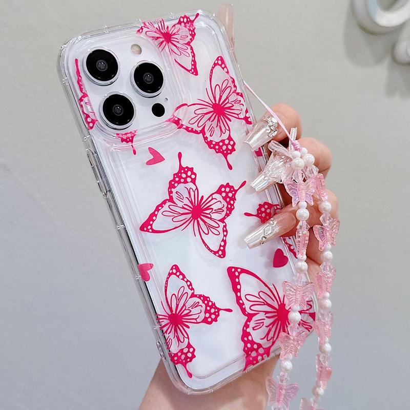 Butterfly Decor Phone Case with Wrist Strap, Shockproof Phone Protective Cover for Fall, Fashion Phone Accessories for iPhone Cases 11 12 13 14 15 Pro Max Series, Phone Cases Accessories