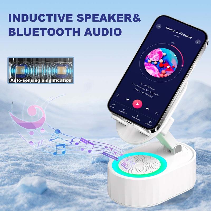 Wireless Induction Audio Bluetooth Speaker 5in1，Multi functional phone holder 300° Foldable, Phone Holder Emergency Rechargeable Portable Power Tablet Stand for iPhone  Android Non-Slip Base,With Colorful Ambient Light, Unique Cool Gadget Tech Gifts