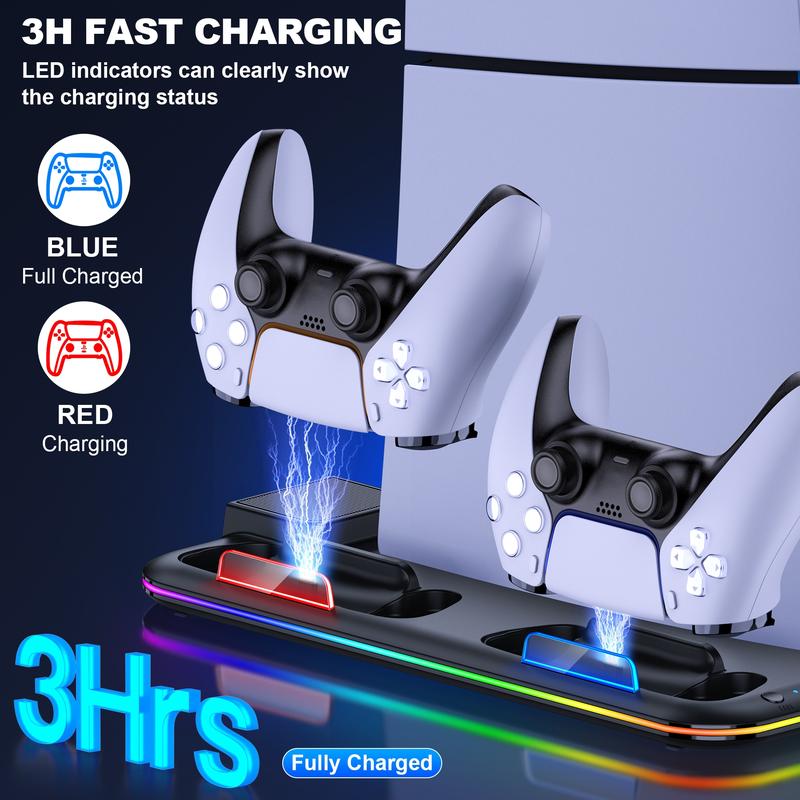 RGB PS5 Cooling Station with Controller Charging Station for Playstation 5 Slim Disc Digital Editions, Cooling Stand for PS5 Accessories with Controller Charger, Headset Holder, 15 Game Slot