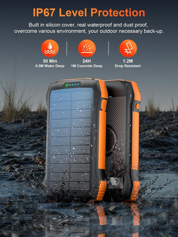 IP67 Waterproof Solar Power Bank 33500mAh,PD20W Fast Charging,10W Wireless Charger, 5 Outputs,6W Flashlight, Portable Charger for Outdoor Travel,Camping,Hunting,Fishing,and More-Compatible with iPhone,Samsung,Tablets, All Smartphones and More Accessories