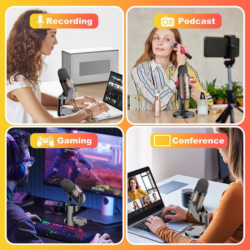 Haomuren USB Powered Gaming Microphone with Type-C Adapter, USB Condenser Microphone with Gain Control, Echo Monitor Volume Adjustable Mic for Live Streaming Vocal Recording Podcast Video