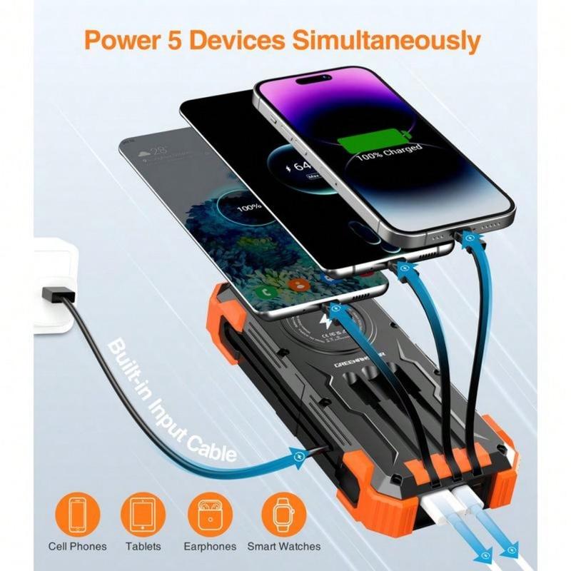 42800mAh Solar Charger Power Bank  Wireless Charger Built in 4 Cables 7 Outputs 15 Watts Fast Charging Power Bank for All Mobile Devices with Dual Flashlights, Carabiner and Thermometer