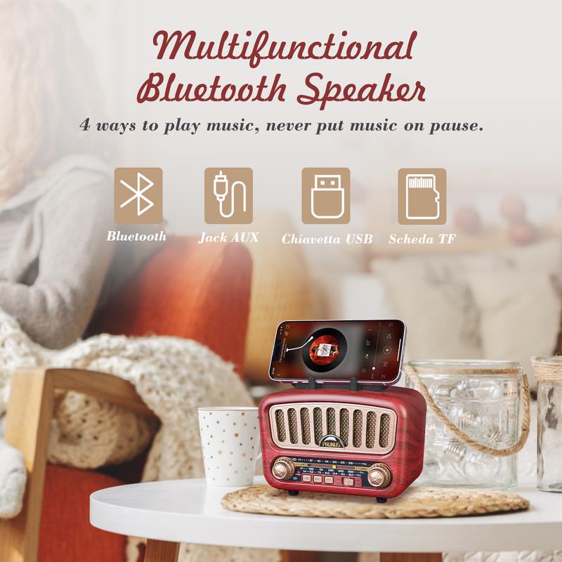 PRUNUS J-180 Vintage Retro Radio Bluetooth Speaker with Best Sound, Portable AM FM Radio with Loud Volume, Bluetooth 5.0 Wireless Connection, TF Card & MP3 Player, Rechargeable Speaker