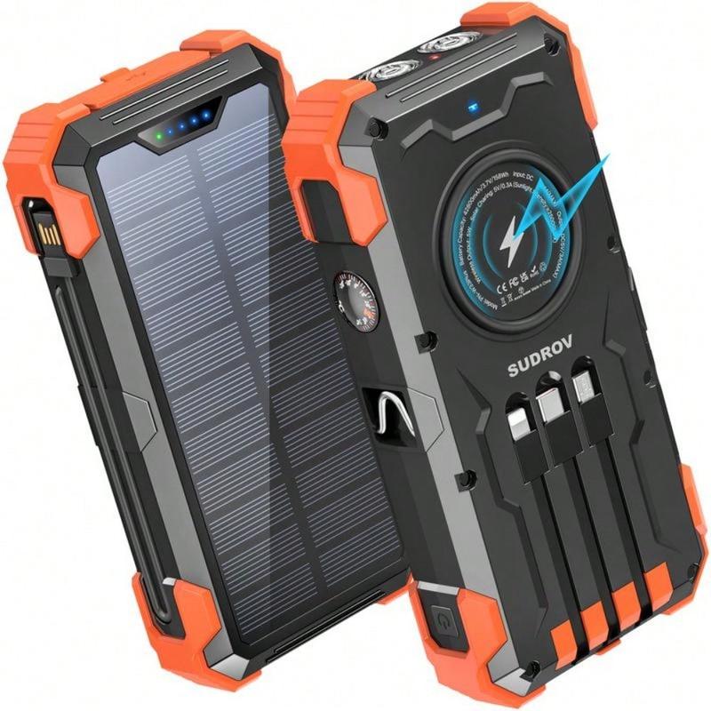 42800mAh Solar Charger Power Bank  Wireless Charger Built in 4 Cables 7 Outputs 15 Watts Fast Charging Power Bank for All Mobile Devices with Dual Flashlights, Carabiner and Thermometer