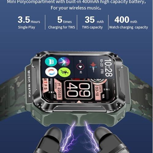 Smart Watch with Earbuds, 3 in 1 Bluetooth Smart Watch for Android iPhone, Military Fitness Tracker Watch, Tracker with Blood Oxygen Heart Rate Sleep Monitor, Long Time Standby Sports Smart Watch Devices Smartphone Wristwatch Wearable Audio Recording