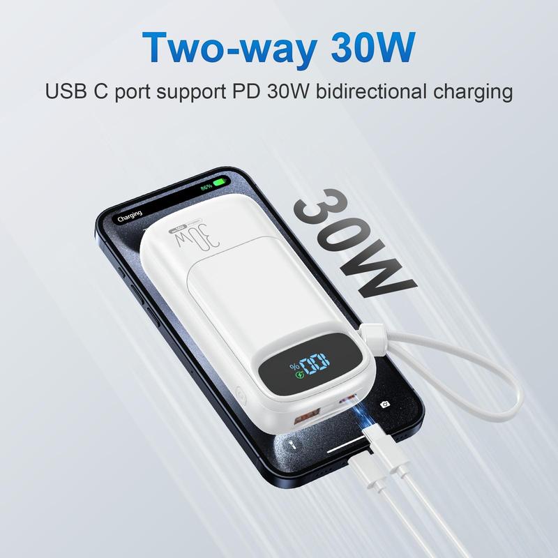 10000mAh Portable Charger, PD 30W Output & Input Power Bank Portable with Built-in USB-C Cable, QC3.0 Fast Charging Battery Pack for iPhone 16 Galaxy iPad AirPods, Portable Powerbank, Wireless Power Bank