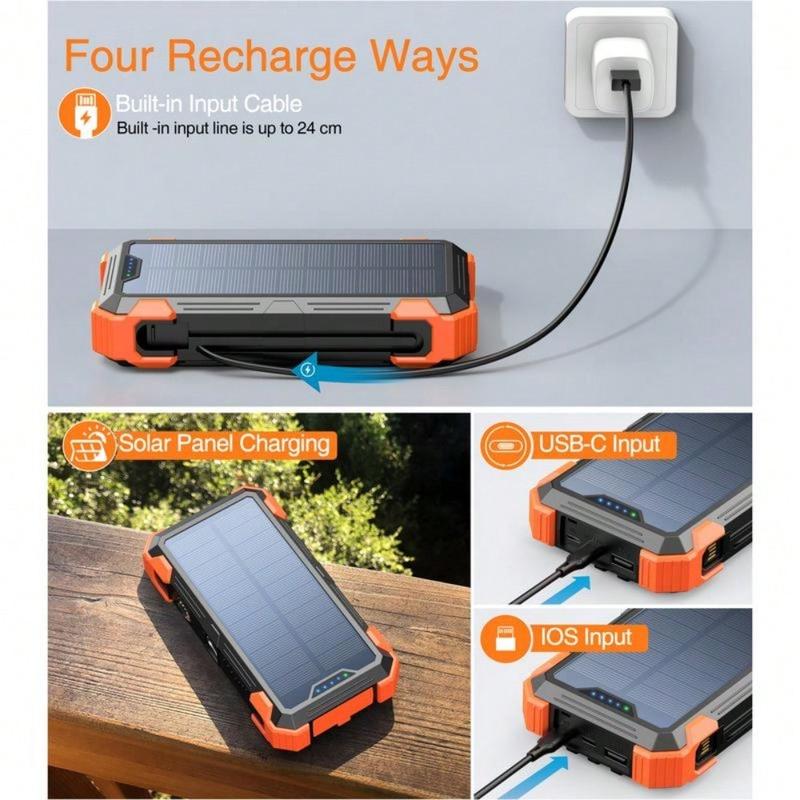 42800mAh Solar Charger Power Bank  Wireless Charger Built in 4 Cables 7 Outputs 15 Watts Fast Charging Power Bank for All Mobile Devices with Dual Flashlights, Carabiner and Thermometer