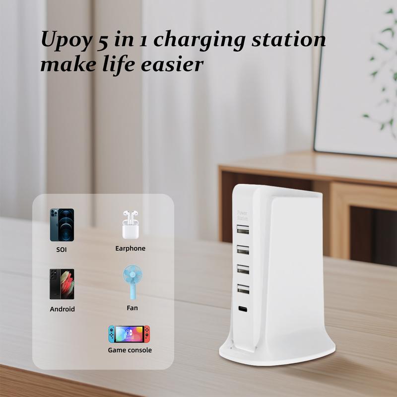 Diomart Charging Station for Multiple Devices, Wall Charger Block 4 USB Ports, USB Charging Hub Smart IC, Charger Tower with Type-C 3A for iPhone iPad Tablets Smartphones, Home Office Use Android Adapter