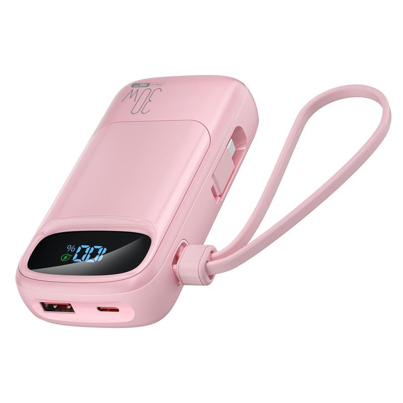 10000mAh Portable Charger, PD 30W Output & Input Power Bank Portable with Built-in USB-C Cable, QC3.0 Fast Charging Battery Pack for iPhone 16 Galaxy iPad AirPods, Portable Powerbank, Wireless Power Bank