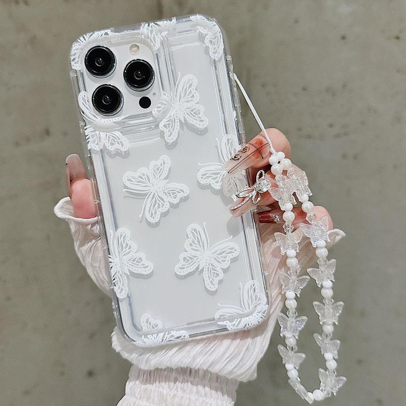 Butterfly Decor Phone Case with Wrist Strap, Shockproof Phone Protective Cover for Fall, Fashion Phone Accessories for iPhone Cases 11 12 13 14 15 Pro Max Series, Phone Cases Accessories