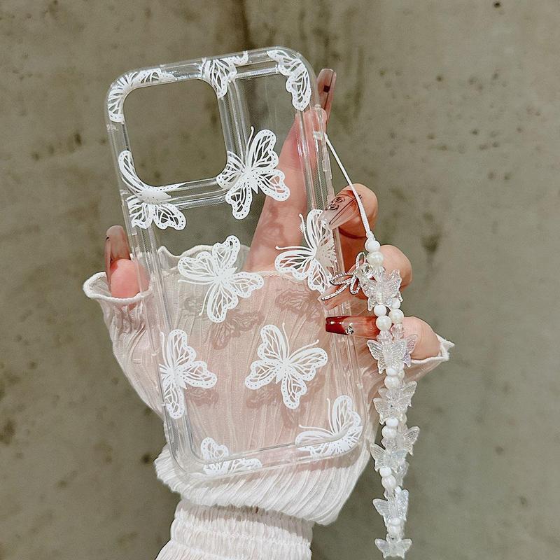 Butterfly Decor Phone Case with Wrist Strap, Shockproof Phone Protective Cover for Fall, Fashion Phone Accessories for iPhone Cases 11 12 13 14 15 Pro Max Series, Phone Cases Accessories