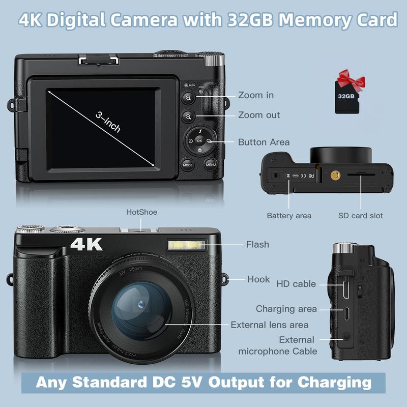 4K Digital Camera, 16X Auto-Focus 48MP Video Recording Camera Digital, Compact Cameras with 180° 3.0 Inch Flip Screen Vlogging Camera with 32G SD Card, Anti-Shake Compact Cameras for Beginner, Back To School Gifts, Fall Gift, Stocking Fillers