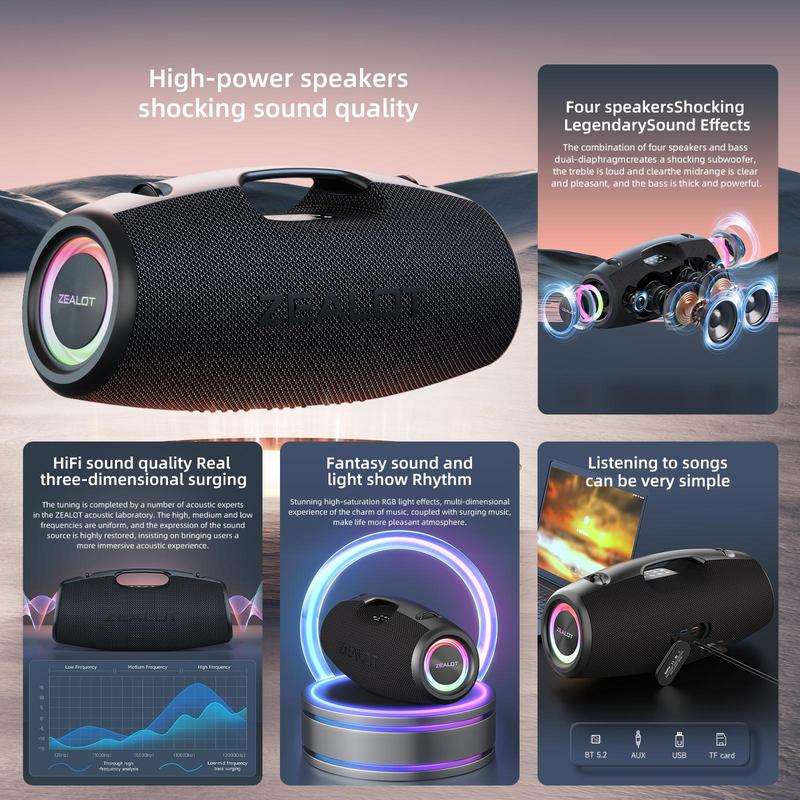 ZEALOT Zealot S78 Wireless Speaker, 1 Count 100W Portable Bluetooth-compatible Speaker with RGB Light, Outdoor Wireless Speaker with 24000mAh Battery