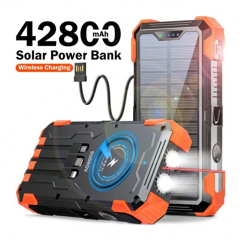 42800mAh Solar Charger Power Bank  Wireless Charger Built in 4 Cables 7 Outputs 15 Watts Fast Charging Power Bank for All Mobile Devices with Dual Flashlights, Carabiner and Thermometer