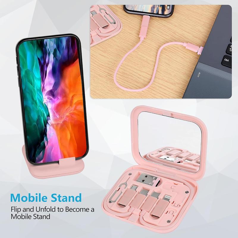 Multi USB Charging Adapter Cable Kit, USB C to Lighting Adapter Box, Conversion Set USB A & Type C to Male Micro Type C Lightning, Data Transfer, Card Storage, Tray Eject Pin, Phone Holder (Pink)