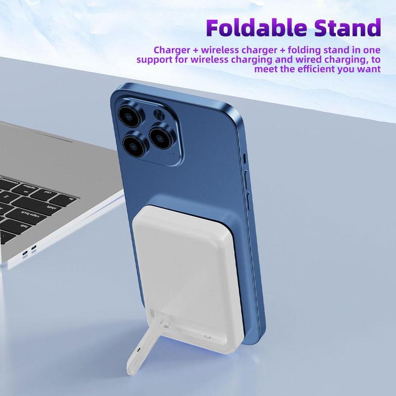 Magnetic Power Supply, 10000mAh Wireless Portable Charger with Folding Stand for iPhone 15 14 13 12, Intelligent temperature control