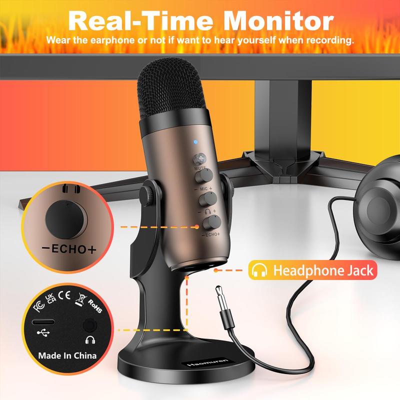 Haomuren USB Powered Gaming Microphone with Type-C Adapter, USB Condenser Microphone with Gain Control, Echo Monitor Volume Adjustable Mic for Live Streaming Vocal Recording Podcast Video