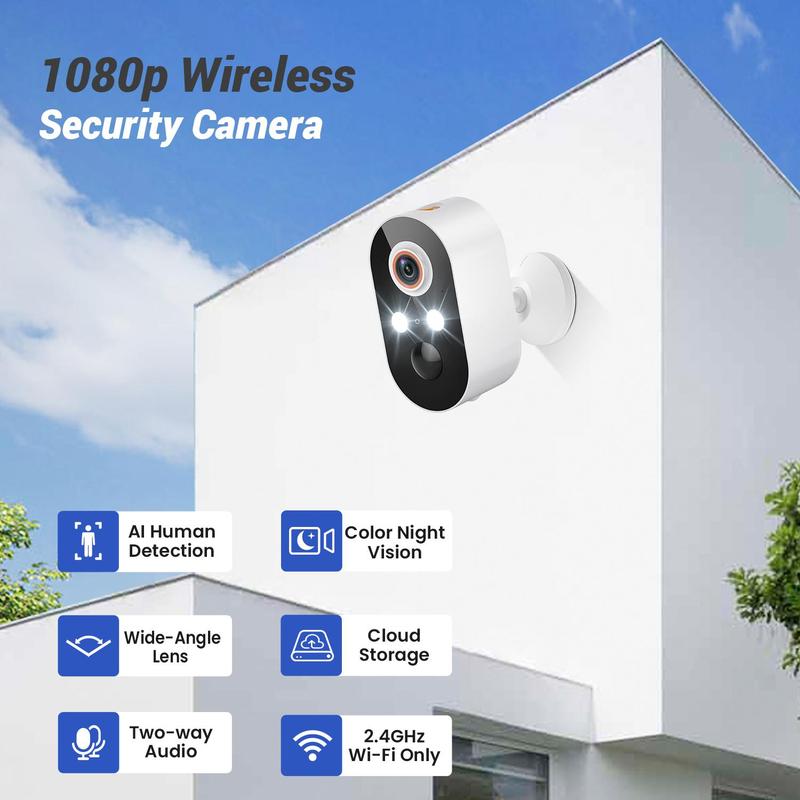 Wireless Security Camera, Rechargeable Surveillance Camera for Home Security, Color Night Vision, AI Human Detection, 2.4G WiFi Camera