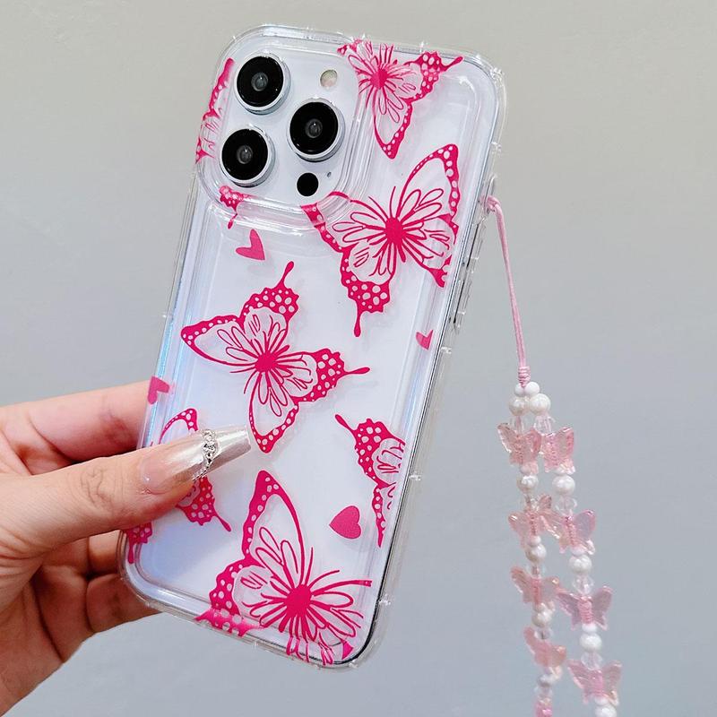 Butterfly Decor Phone Case with Wrist Strap, Shockproof Phone Protective Cover for Fall, Fashion Phone Accessories for iPhone Cases 11 12 13 14 15 Pro Max Series, Phone Cases Accessories