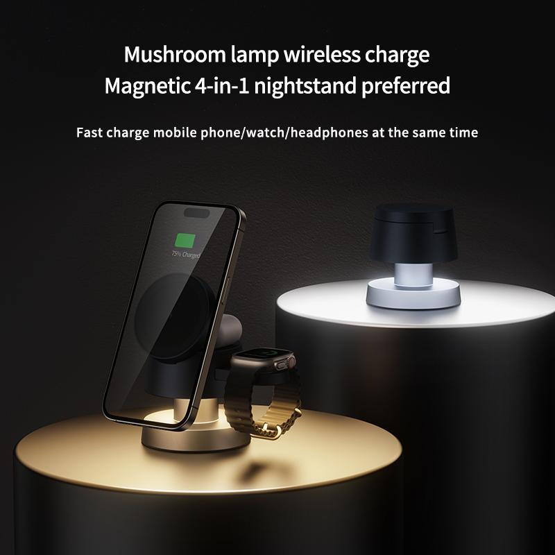 4-in-1 Magnetic Wireless Charger, Multifunctional Wireless 15W Magnetic Fast Charging Stand with Night Light for iPhone, Wireless Charger for Airpods, Quick Charging Station, Charger