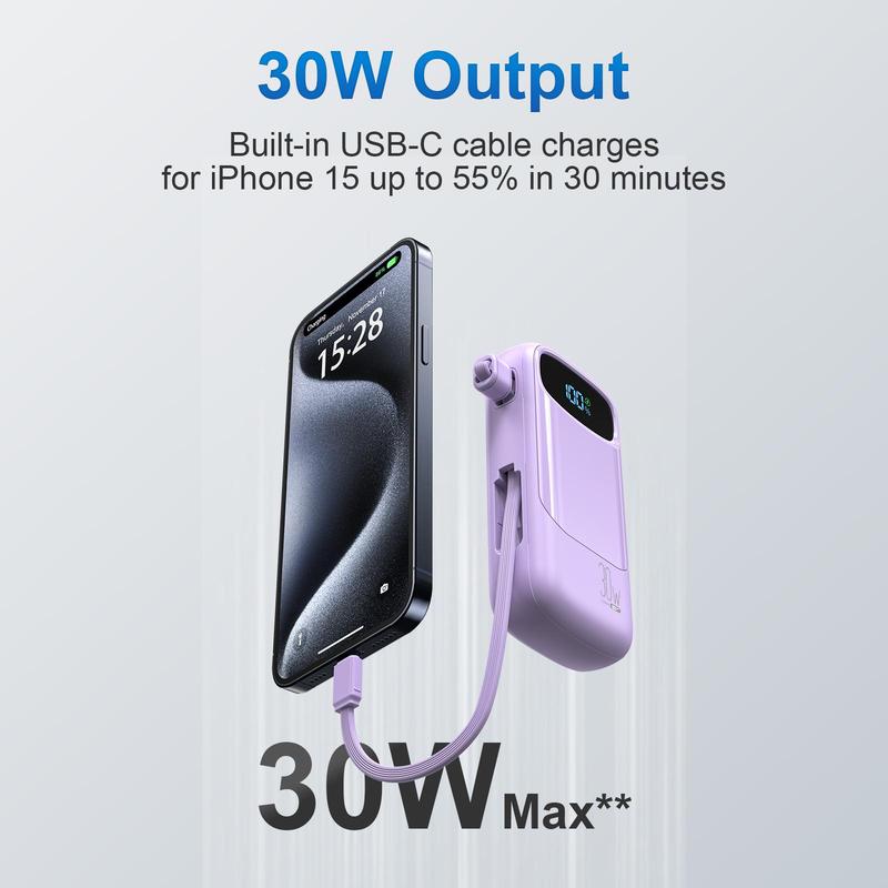 10000mAh Portable Charger, PD 30W Output & Input Power Bank Portable with Built-in USB-C Cable, QC3.0 Fast Charging Battery Pack for iPhone 16 Galaxy iPad AirPods, Portable Powerbank, Wireless Power Bank