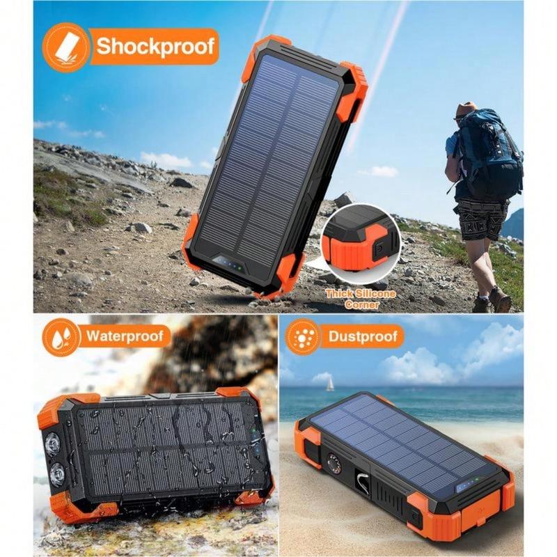 42800mAh Solar Charger Power Bank  Wireless Charger Built in 4 Cables 7 Outputs 15 Watts Fast Charging Power Bank for All Mobile Devices with Dual Flashlights, Carabiner and Thermometer