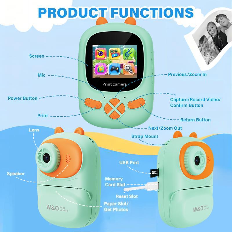 Instant Camera, Thermal Printing, HD Color Screen, 32GB Memory, USB Rechargeable, Fast Photo Printing Toy camera, For All Ages