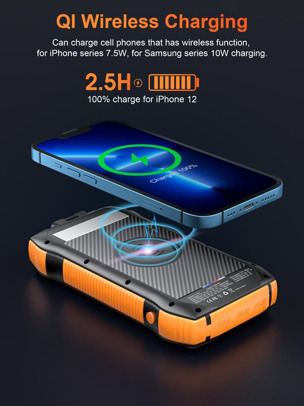 IP67 Waterproof Solar Power Bank 33500mAh,PD20W Fast Charging,10W Wireless Charger, 5 Outputs,6W Flashlight, Portable Charger for Outdoor Travel,Camping,Hunting,Fishing,and More-Compatible with iPhone,Samsung,Tablets, All Smartphones and More Accessories