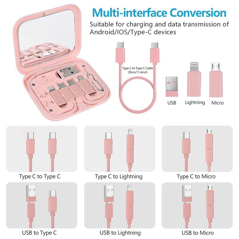 Multi USB Charging Adapter Cable Kit, USB C to Lighting Adapter Box, Conversion Set USB A & Type C to Male Micro Type C Lightning, Data Transfer, Card Storage, Tray Eject Pin, Phone Holder (Pink)