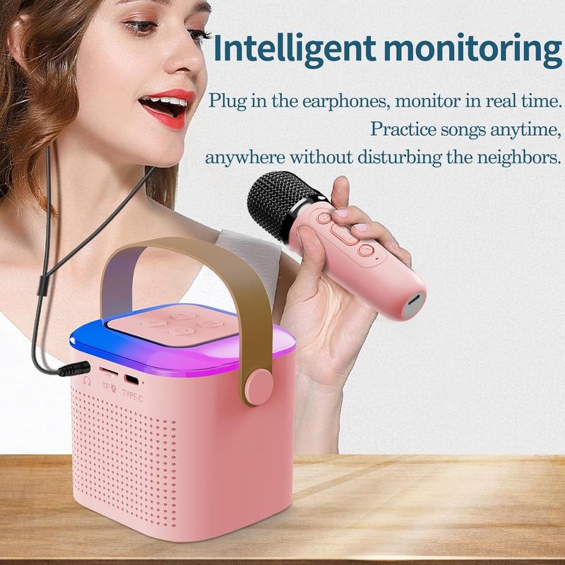 Mini Karaoke Machine for Adults and Kids, Portable Bluetooth Speaker with 2 Wireless Microphone, Led Lights Karaoke Gifts for Girls Boys Birthday Home Party(Pinkcolor)