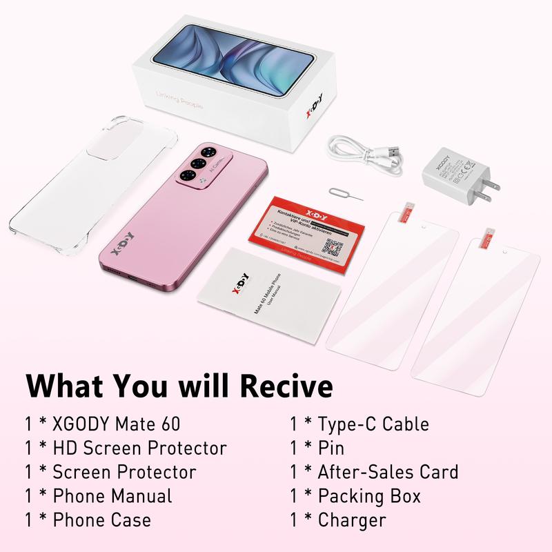 Xgody Unlock Phone Mate 60,6.79 Inch HD+ Screen Smartphone,4G Dual SIM Cheap Mobile Phones 4GB+ 128GB Expanded 1024G 5280mAh 21MP Camera T-Mobile Android Phone with Finger&Face Unlock Deep Pink