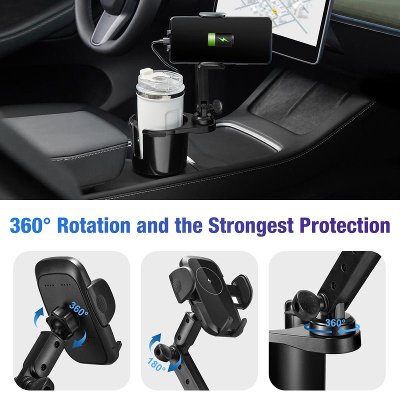 THIS HILL 3-in-1 Car Wireless Charger Cup Holder, Upgrade 15W Charging, Car Cup Holder Phone Mount with Adjustable Base & 360° Rotation Compatible for All Smartphones(with Car Adapter)