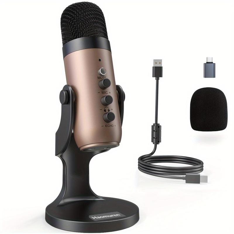 Haomuren USB Powered Gaming Microphone with Type-C Adapter, USB Condenser Microphone with Gain Control, Echo Monitor Volume Adjustable Mic for Live Streaming Vocal Recording Podcast Video