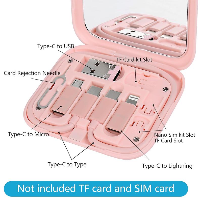 Multi USB Charging Adapter Cable Kit, USB C to Lighting Adapter Box, Conversion Set USB A & Type C to Male Micro Type C Lightning, Data Transfer, Card Storage, Tray Eject Pin, Phone Holder (Pink)