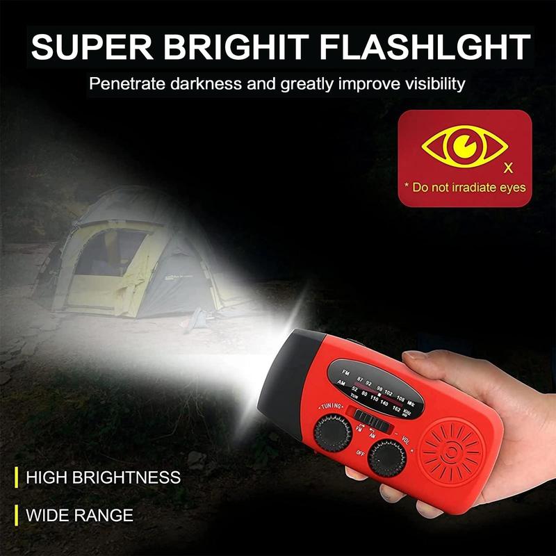 Solar Powered Hand Crank Self-powered LED Flashlight Radio with 2000mAh Power Bank, Portable Radio with Flashlight for Outdoor Camping Hiking