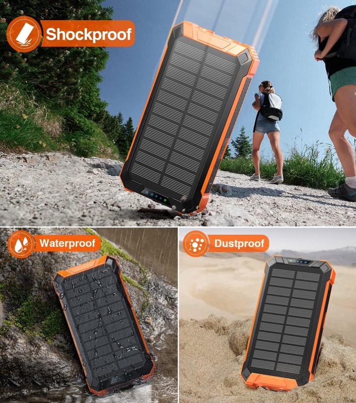 GNC W22 Solar Power Bank: 15W fast charging, 4 built-in cables, 6 outputs, 3 inputs, solar charging, dual flashlights, carabiner, fits all devices.