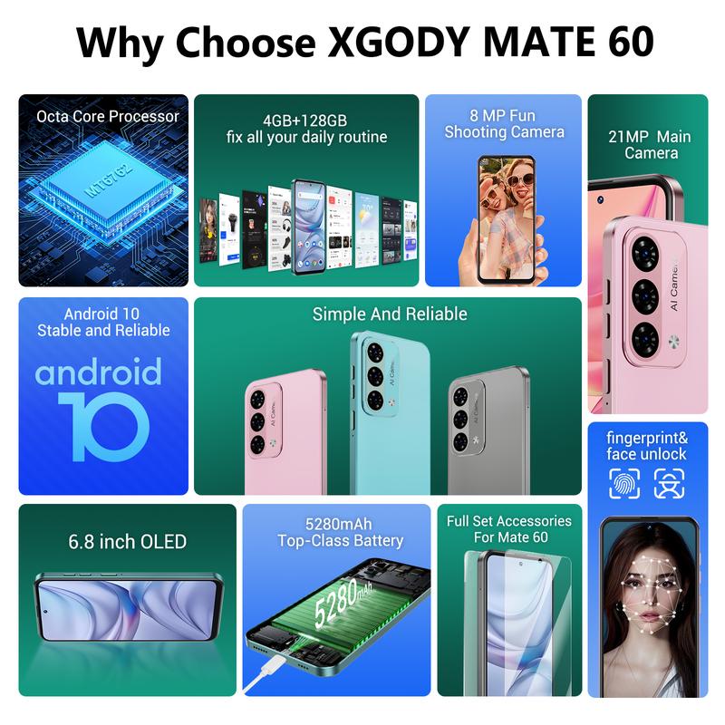 Xgody Unlock Phone Mate 60,6.79 Inch HD+ Screen Smartphone,4G Dual SIM Cheap Mobile Phones 4GB+ 128GB Expanded 1024G 5280mAh 21MP Camera T-Mobile Android Phone with Finger&Face Unlock Deep Pink