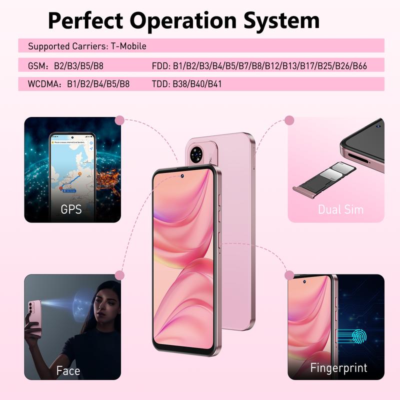 Xgody Unlock Phone Mate 60,6.79 Inch HD+ Screen Smartphone,4G Dual SIM Cheap Mobile Phones 4GB+ 128GB Expanded 1024G 5280mAh 21MP Camera T-Mobile Android Phone with Finger&Face Unlock Deep Pink