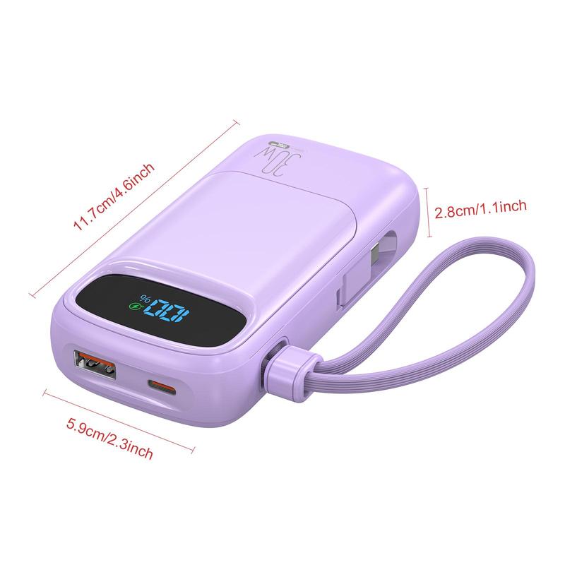 10000mAh Portable Charger, PD 30W Output & Input Power Bank Portable with Built-in USB-C Cable, QC3.0 Fast Charging Battery Pack for iPhone 16 Galaxy iPad AirPods, Portable Powerbank, Wireless Power Bank