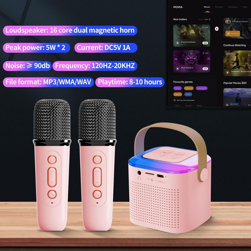 Mini Karaoke Machine for Adults and Kids, Portable Bluetooth Speaker with 2 Wireless Microphone, Led Lights Karaoke Gifts for Girls Boys Birthday Home Party(Pinkcolor)